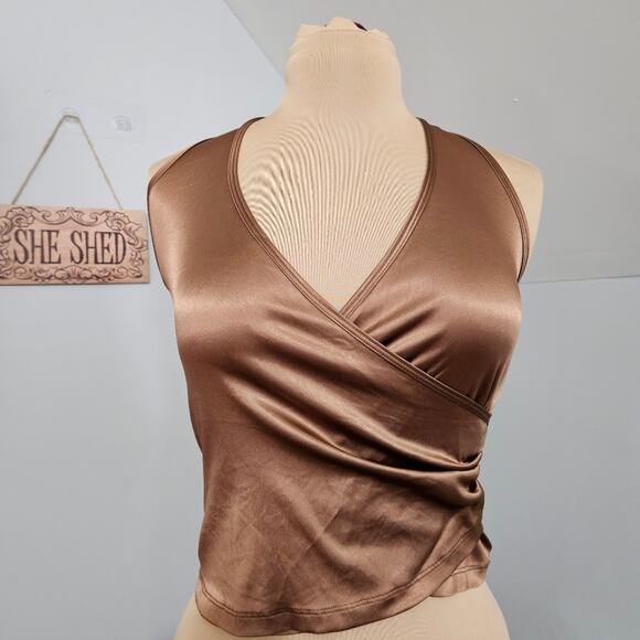 Nally and Millie Bronze Surplice Neck Ruched Side Cropped Halter Top Y2K Medium - Picture 12 of 13